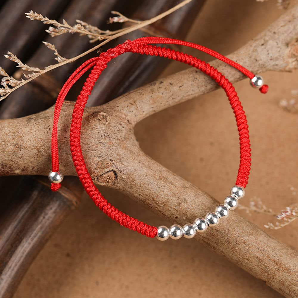 Bracciale Rigido in Argento for Donna, Bracciale Intrecciato in Corda Rossa con Perline in Argento S925 Braccialetti dell'amicizia Regolabili Gioielli di Moda fortunati