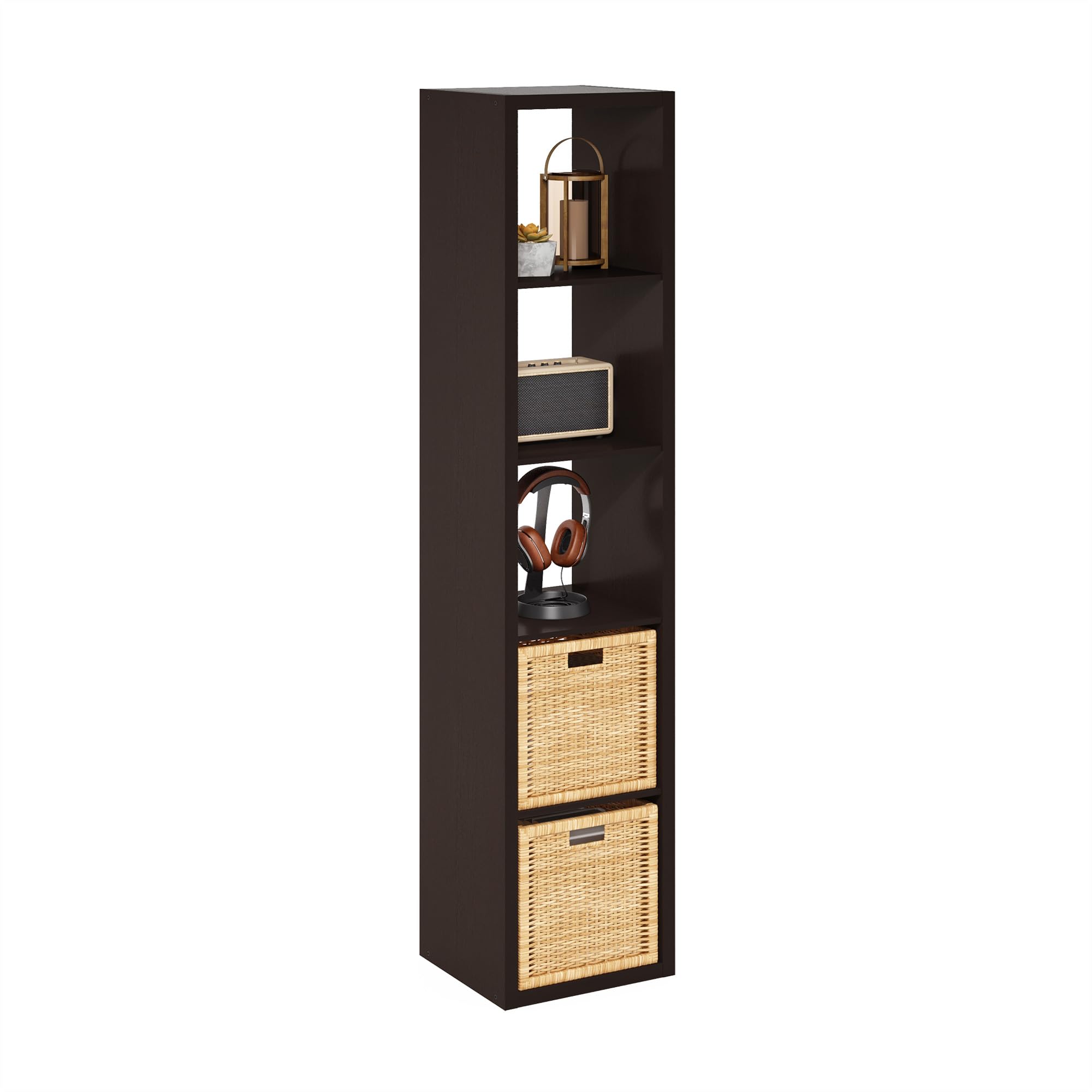 Furinno CUBICLE Book Shelf, 5-Cube Vertical Thick Frame Bookshelf, Horizontally & Vertically Reversible Bookcase with Open Back, 14.6 x 15.9 x 72, for Living Room, Bedroom, Home Office, Black Dark Oak