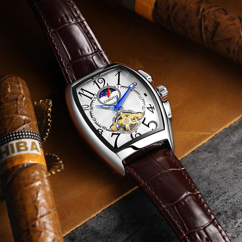 BESTKANG Orologio da polso da uomo, completamente automatico, a carica automatica, numeri arabi, lancette blu, in pelle