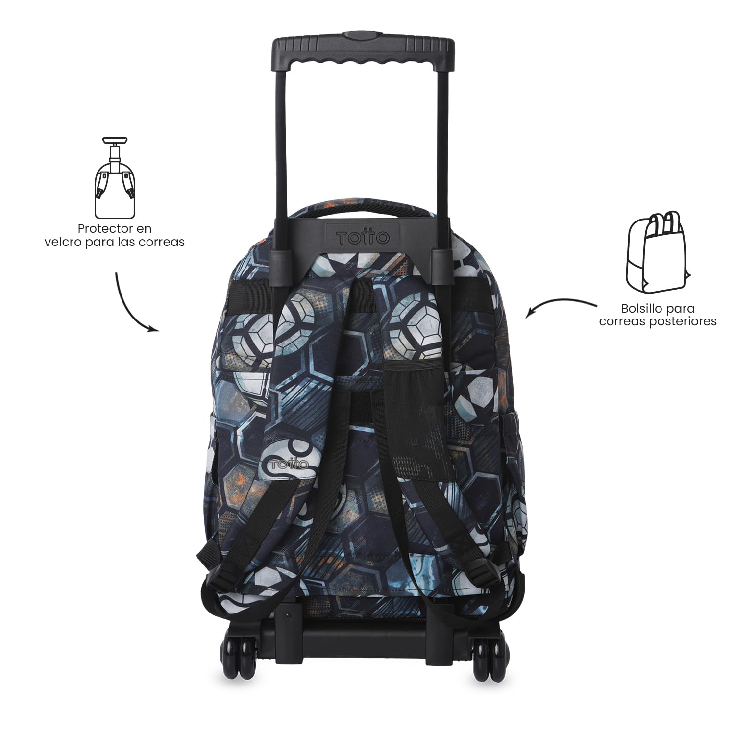 TOTTO - Mochila Escolar con Ruedas, Modelo Renglones, Capacidad 26,21 Litros, Bolsillo para PC 15,4", Bolsillo Botella, Correas en S para Mayor Comodidad, Resistente, Estampado Verat Soccer