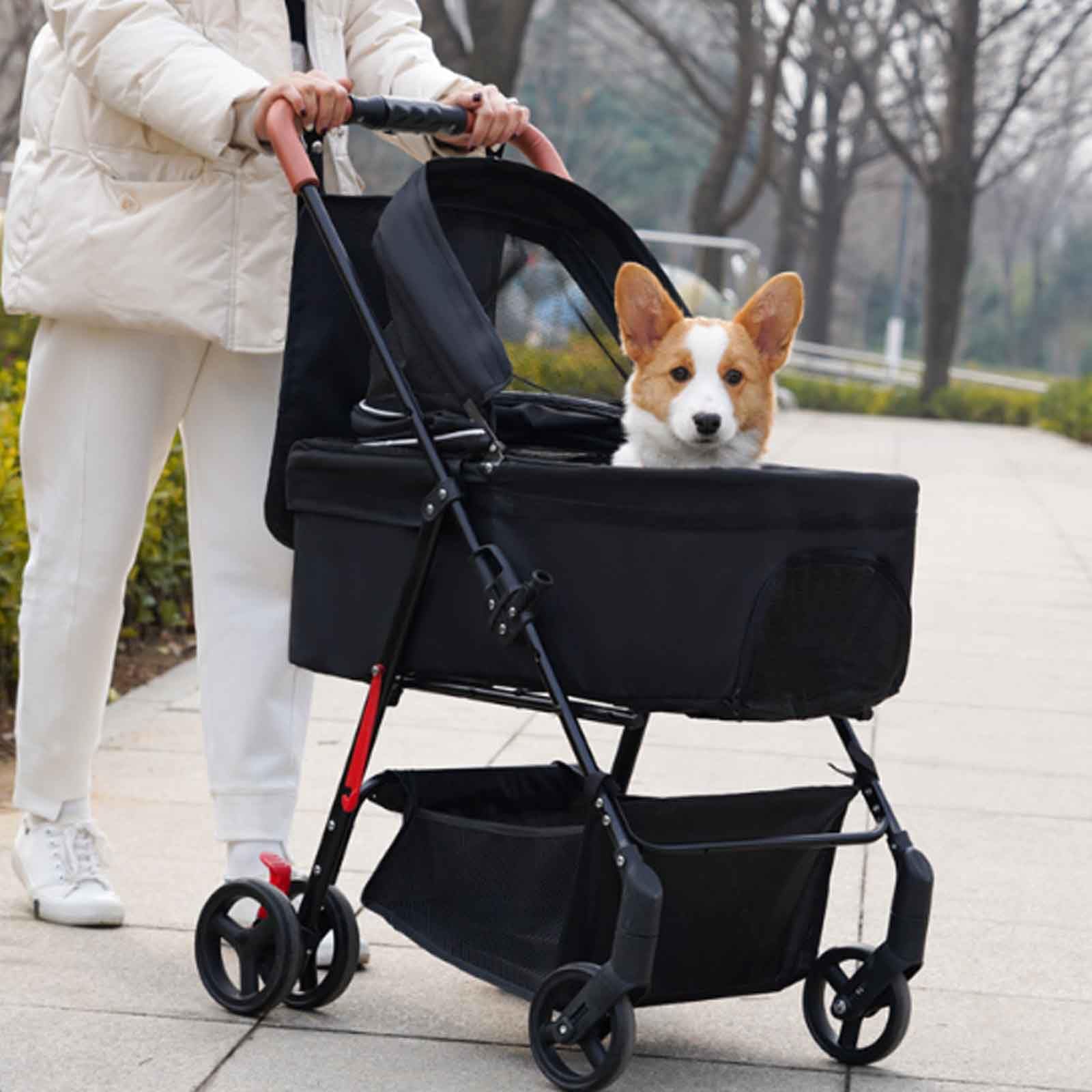 Passeggino per Cani Pieghevole 2 in 1, Passeggino Cane, Passeggino da Viaggio per Animali Domestici Cane Gatto, con Cestello Portaoggetti,Rosa
