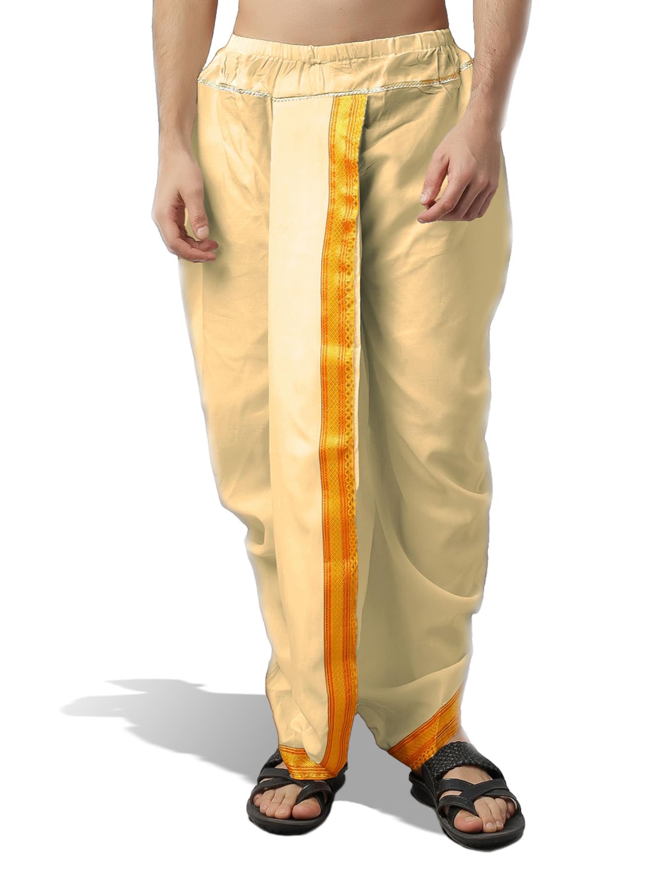 spewim Men's Readymade Art Silk Dhoti – Pre-Stitched, Easy to Wear, Traditional Indian Wear for Wedding, Puja & Festival (Free Size, White/Gold Border) Comfortable Fit, Easy to Wear-picture-10
