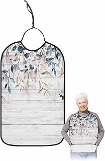 Jolunifun Farmhouse Wood Leaves Adult Bib for Adults Men, Women, Washable & Adjustable Terry Cloth Bib with Crumb Catcher Reusable Waterproof Clothing Clothes Protector Apron Blue Eucalyptus Leaves