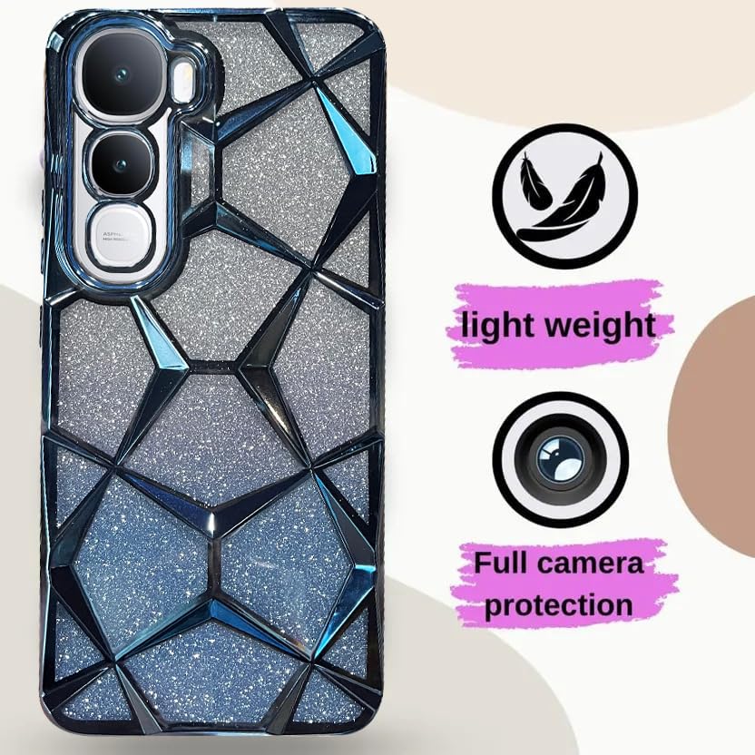 Image of VONZEE Gradient Glitter Case for VIVO Y400, Luxury Electroplated 3D Cube, Diamond Bling Shiny Soft TPU Clear Shockproof Women Girls Protective Phone Cover (Sierra Blue)