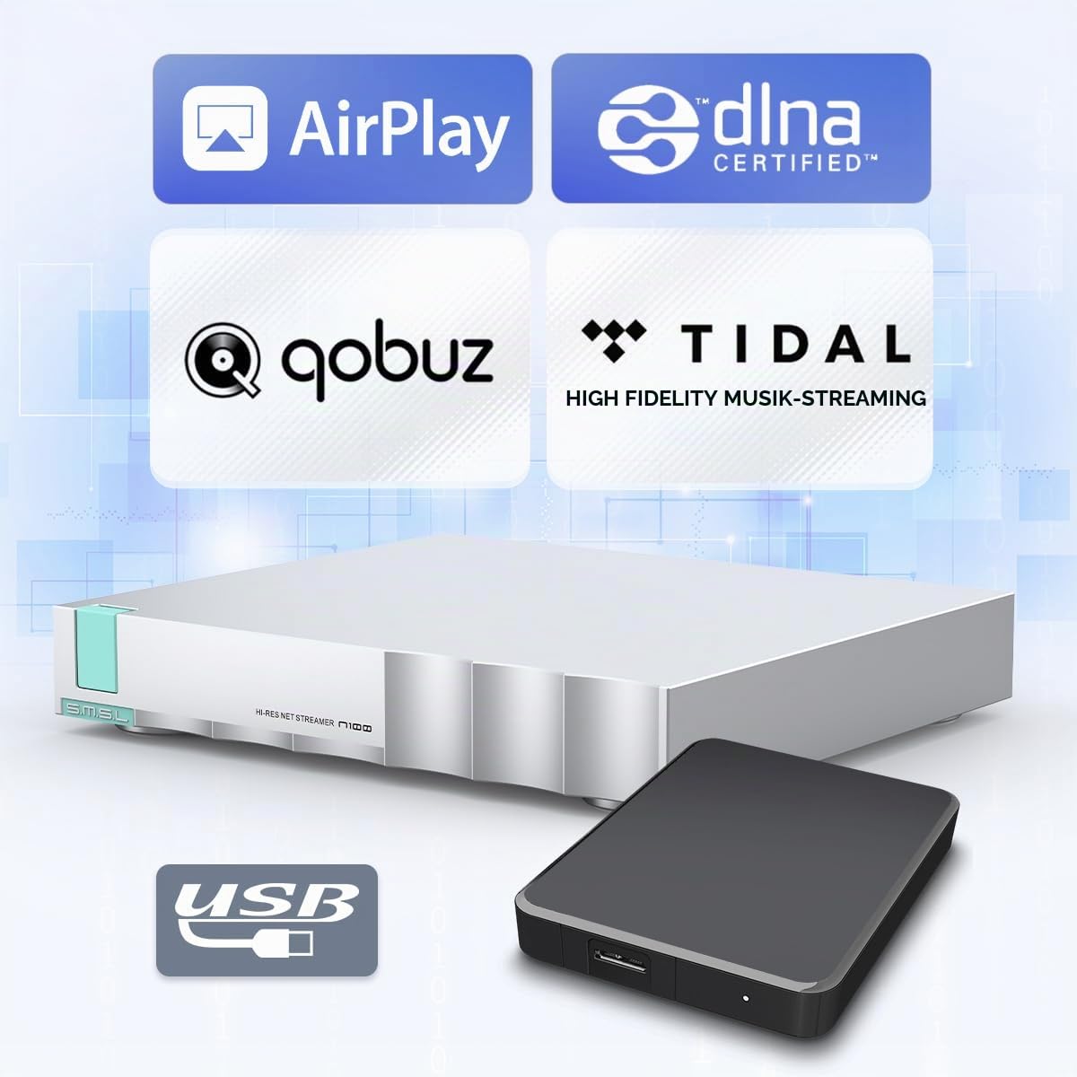 SMSL N100 Hi-Res Streaming-Player, USB 3.0/2.0 × 3 + LAN/WiFi-Multi-Schnittstelle, MQA-Dekodierung, unterstützt TIDAL/QOBUZ/AirPlay/DLNA/ROON, kann direkt an CD-Laufwerk / Festplatte angeschlossen