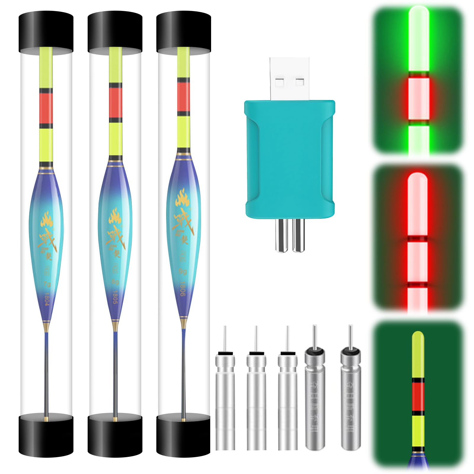 Hekasvm LED Fishing Floats Set 4g/5g/6g/7g/8g/9g Can Change Colour When the Fish Bites the Hook, Fishing Accessories Fishing Floats with Battery Charger and Rod Battery Type CR425 (7G/8G/9G-B)