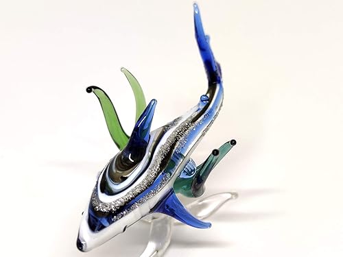 Miniatura 7 de Figuras miniatura de tiburón con algas marinas, animales soplados a mano, arte de vidrio coleccionable, decoración (tiburón con algas)