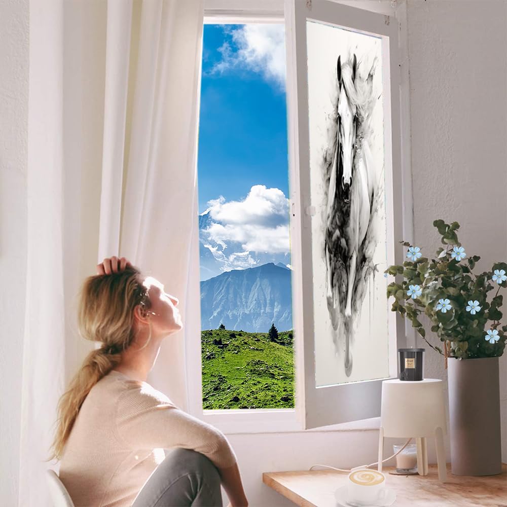 Vintage Pferd Fensterfolie Heat Blocking Ink Painting Weiß Tier Modern Sichtschutz Fenster Dekor Glastür Abdeckung Nicht klebende Fensteraufkleber für Badezimmer Küche 80 * 140 cm