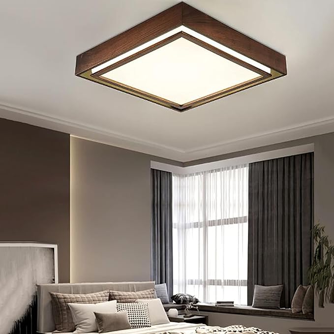 NSXBY Vierkante zwarte walnoot plafondlamp, creatieve eenvoudige vierkante plafondlamp, woonkamer lamp, eetkamer lamp, slaapkamer lamp, eetkamer massief houten lampen-warm licht 56 * 56 * 8 cm photo 3