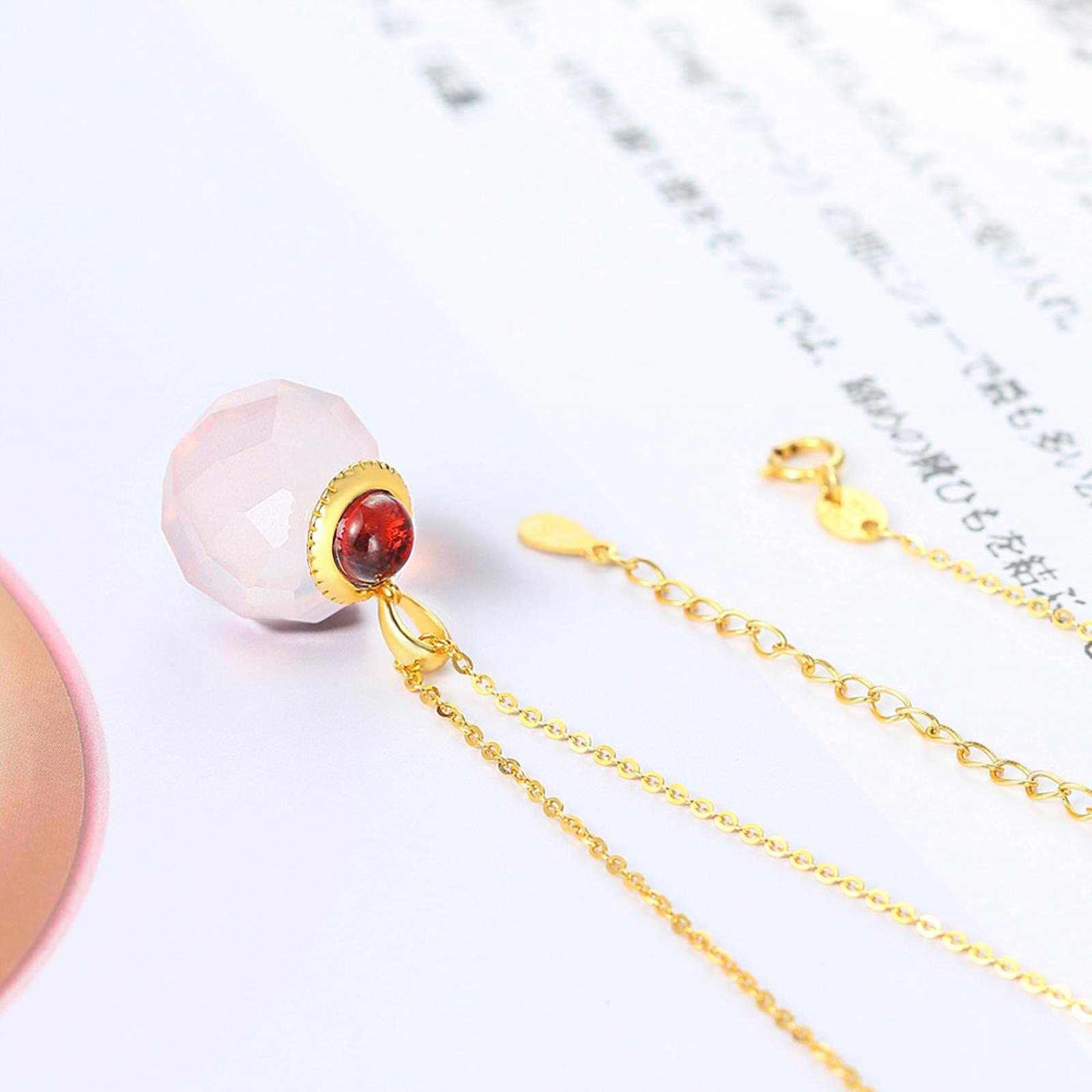 LOKILOKI Collar con Colgante De Bola De Cristal De Plata 925 para Mujer, Cadena Larga De Granate De Cuarzo Rosa Natural, Joyería Chapada En Oro