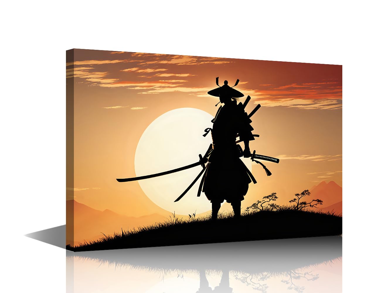 TISHIRON Samurai Warrior Canvas Wall Art Framed - Japanese Mythical Battle Painting, Modern Home Decor for Living Room, Bedroom, Game Room Ready to Hang 18x12 Inches