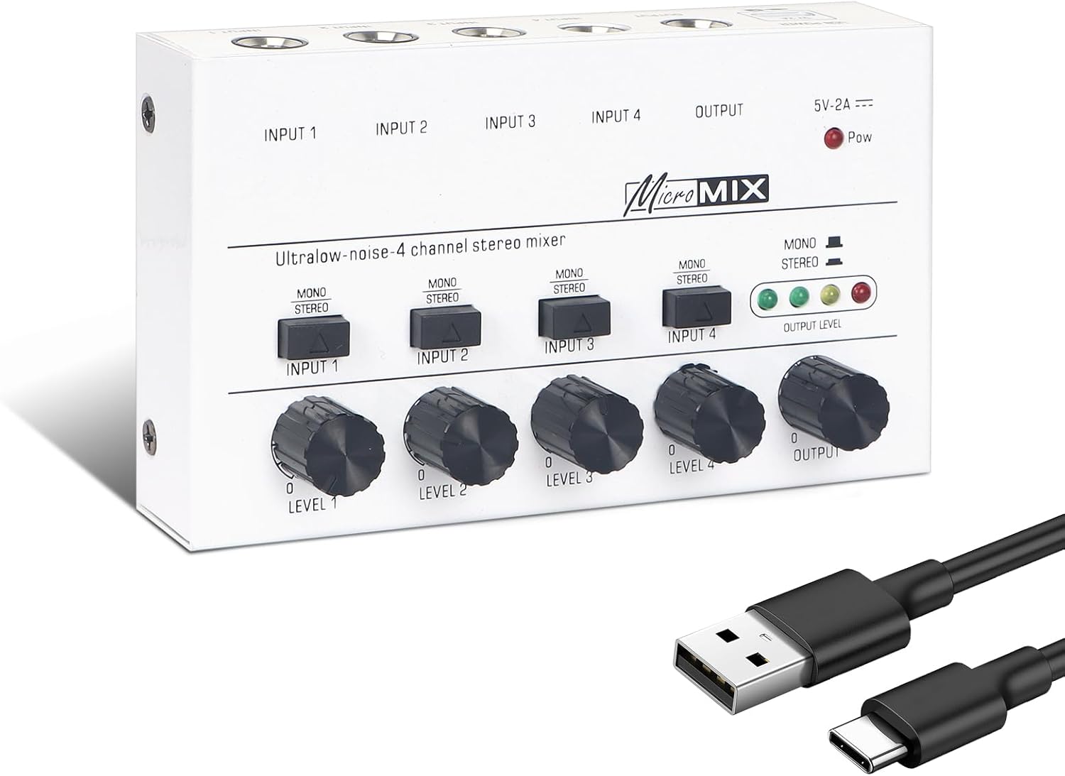 Horse Audio Mixer Line Mixer, 4-Channel Stereo Line Mixer for Sub-Mixing, Ultra Low Noise Operation, for Guitar, Microphone, Bass, Digital Keyboard, Suitable for Bar and Small Club, White