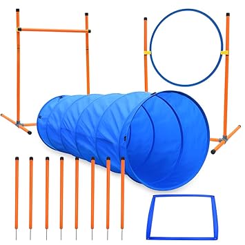 XiaZ Dog Agility Course Equipments, Obstacle Training Starter Kit for Doggie, Pet Outdoor Games - Tunnels, 8 Piece Weave Poles, Jumping Ring, High Jumps, Pause Box