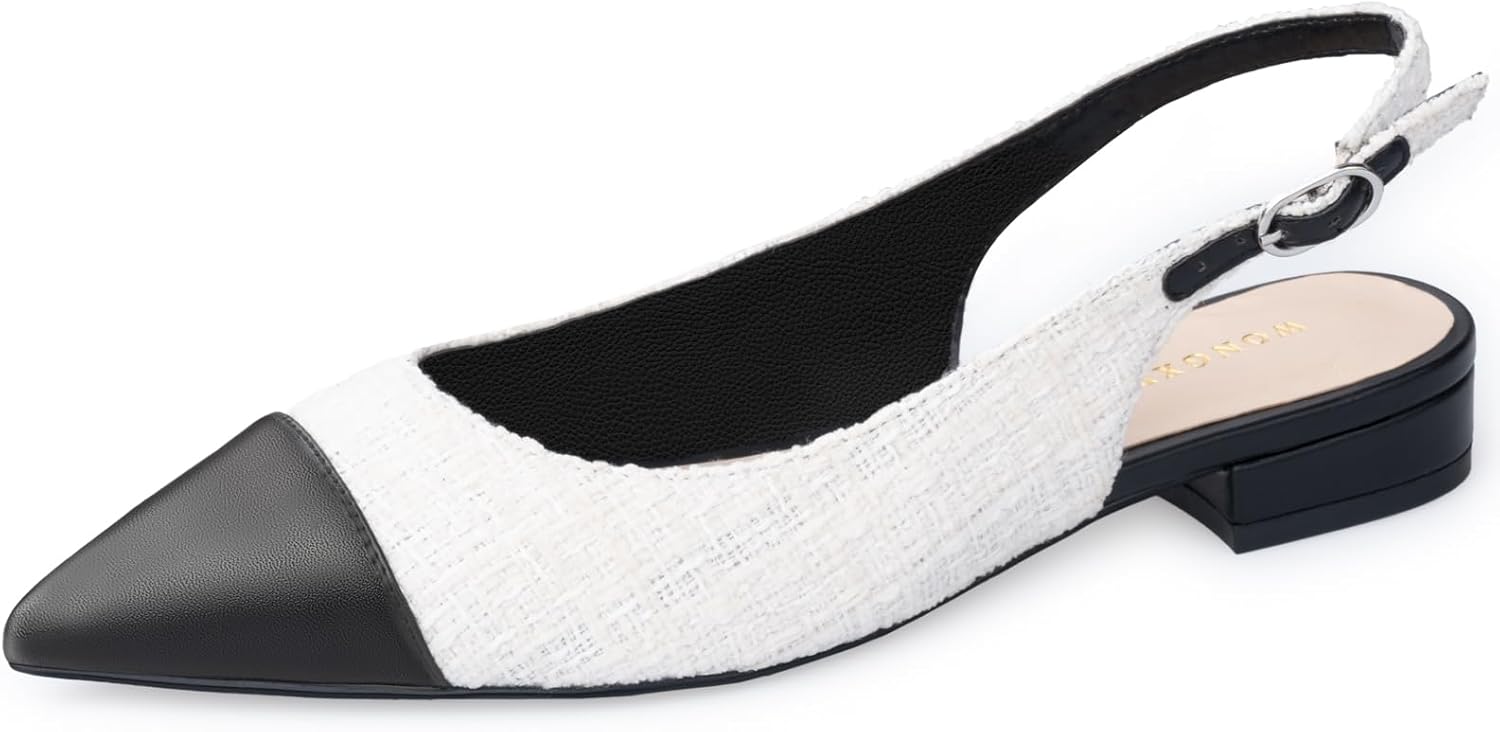 WONDERWAY Slingback Flats for Women, Two Tone Pointed Toe Slingback Buckle Low Heels, Soft and Durable,Perfect for Work, Shopping, Dating,Parties and More