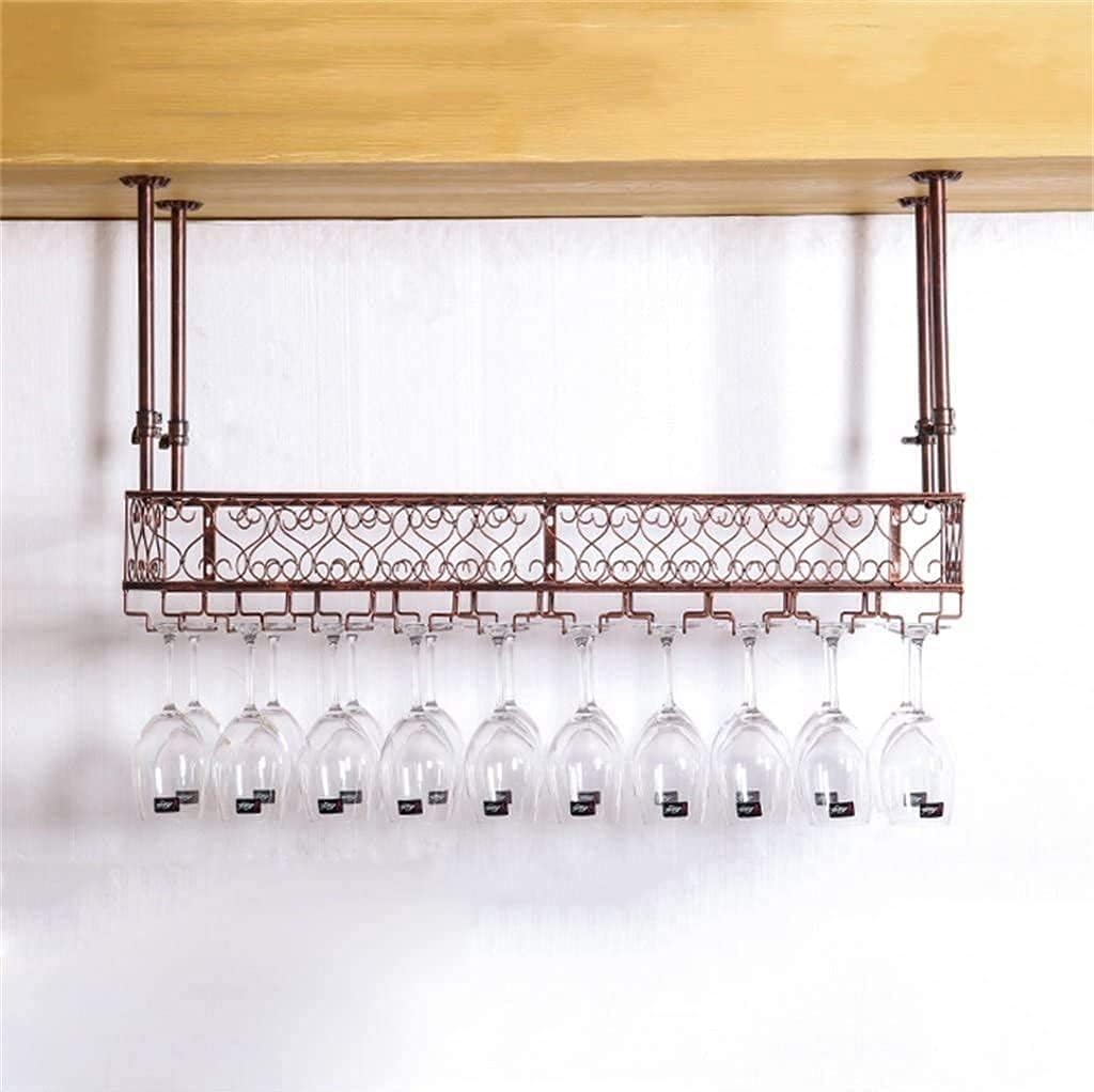 European Style Iron Wine Bottle Holder with Brass Finish Ceiling Hanging Wine Glass Rack and Goblet Shelf for Bars Decorative Stemware Organizer (80×25cm/32×10inch)
