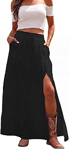Bsubseach Women Boho Maxi Skirt Western Flowy Tiered High Slit Long Skirt with Pockets Elastic Waist Country Ruffle Skirts