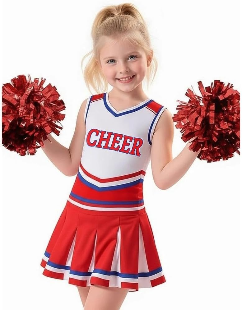 Cheerleader Costume for Girls Cheerleading Outfit with Pom Poms Halloween Party Dress Up
