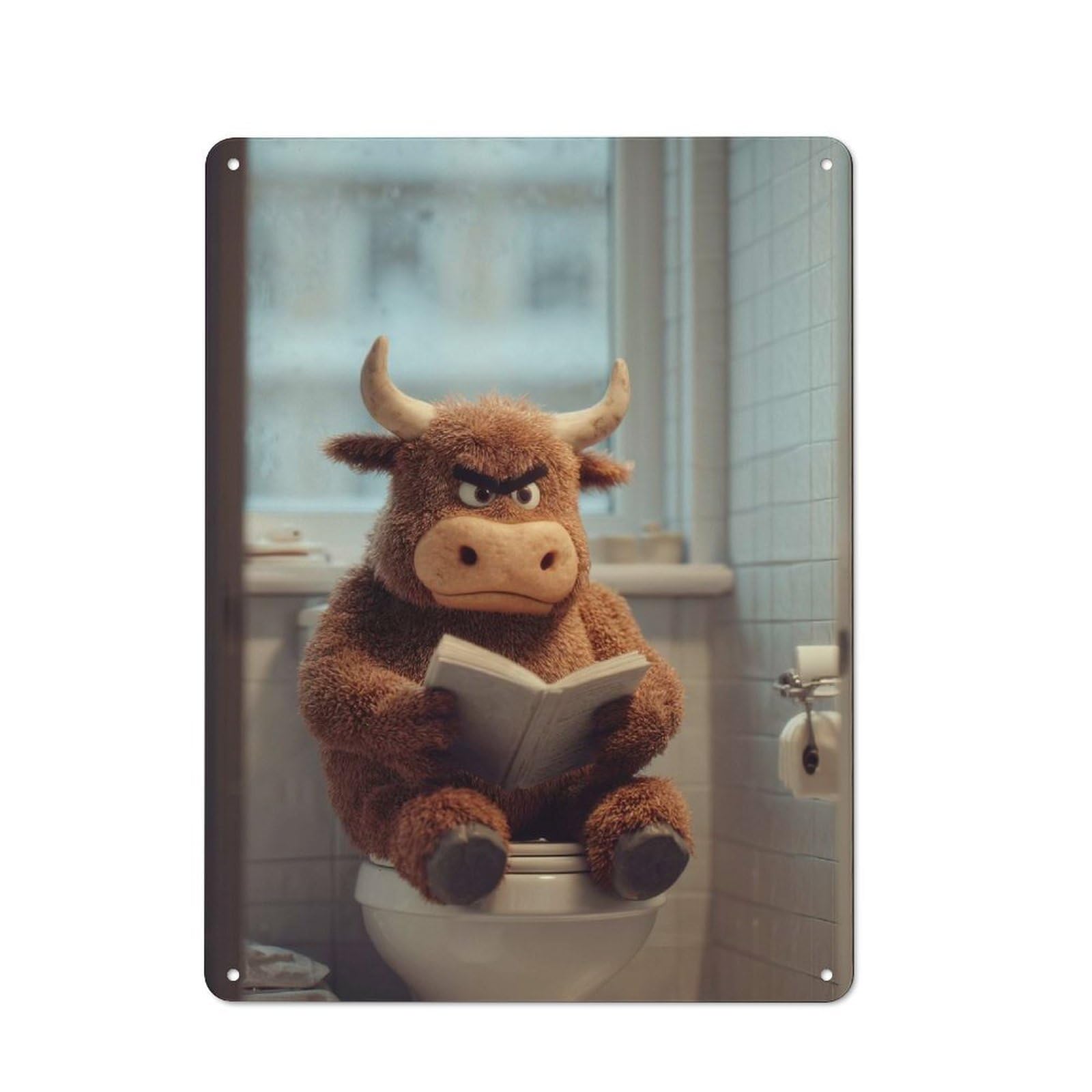 Junmoney Style-8 Angry Bull Reading In Bathroom Printed Metal Sign 40X30cm For Guest Room Or Hallway, For Vintage Wall Decor Fans, For Garage And Workshop Walls