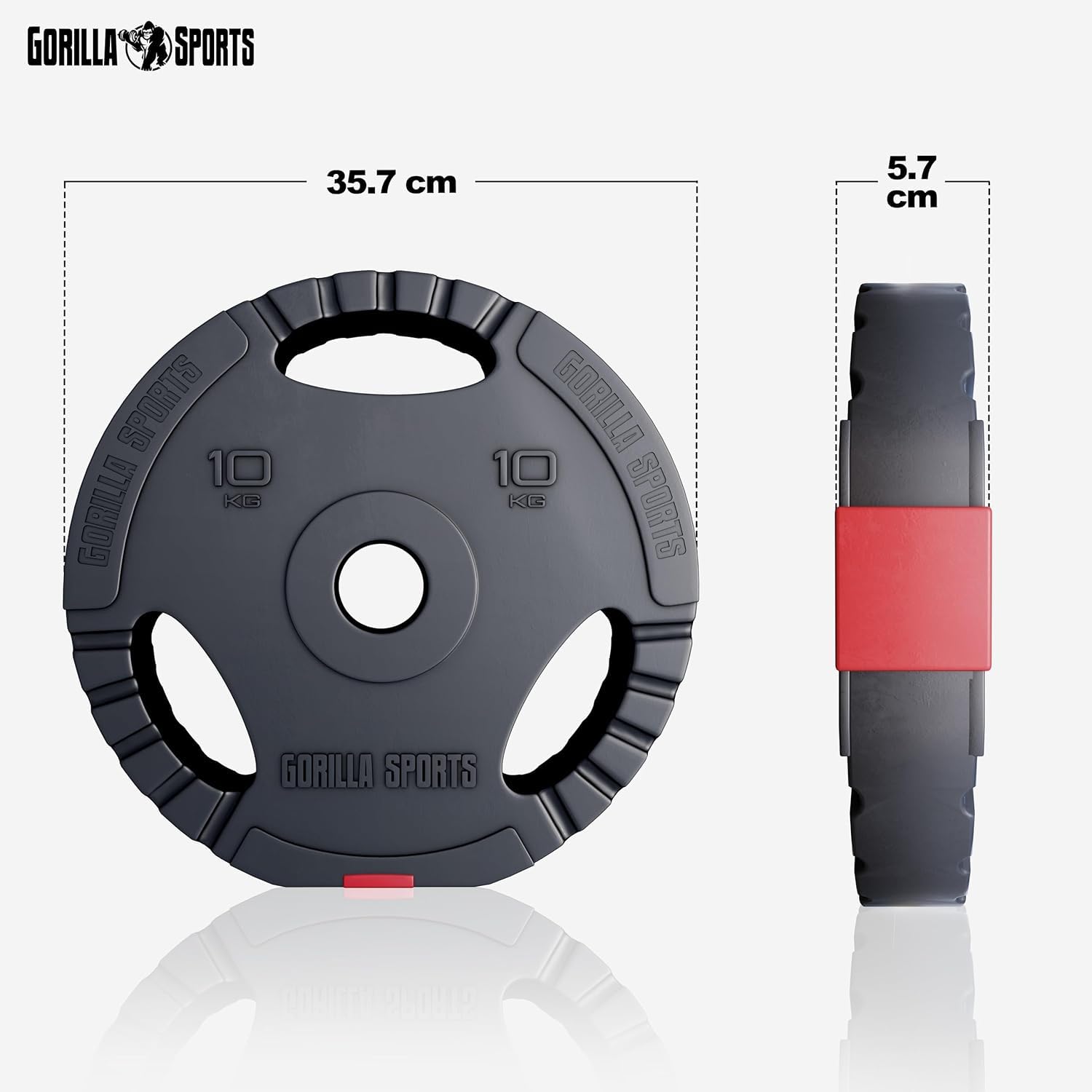 Gorilla Sports® Dischi Pesi Olimpici - 1,25kg, 2,5kg, 5kg, 10kg, 15kg, 30kg, Singolo/Set, Foro 50 mm, con Manico, Tri-Grip, Rivestiti in Plastica - Piastre per Bilancieri, Manubri, Palestra