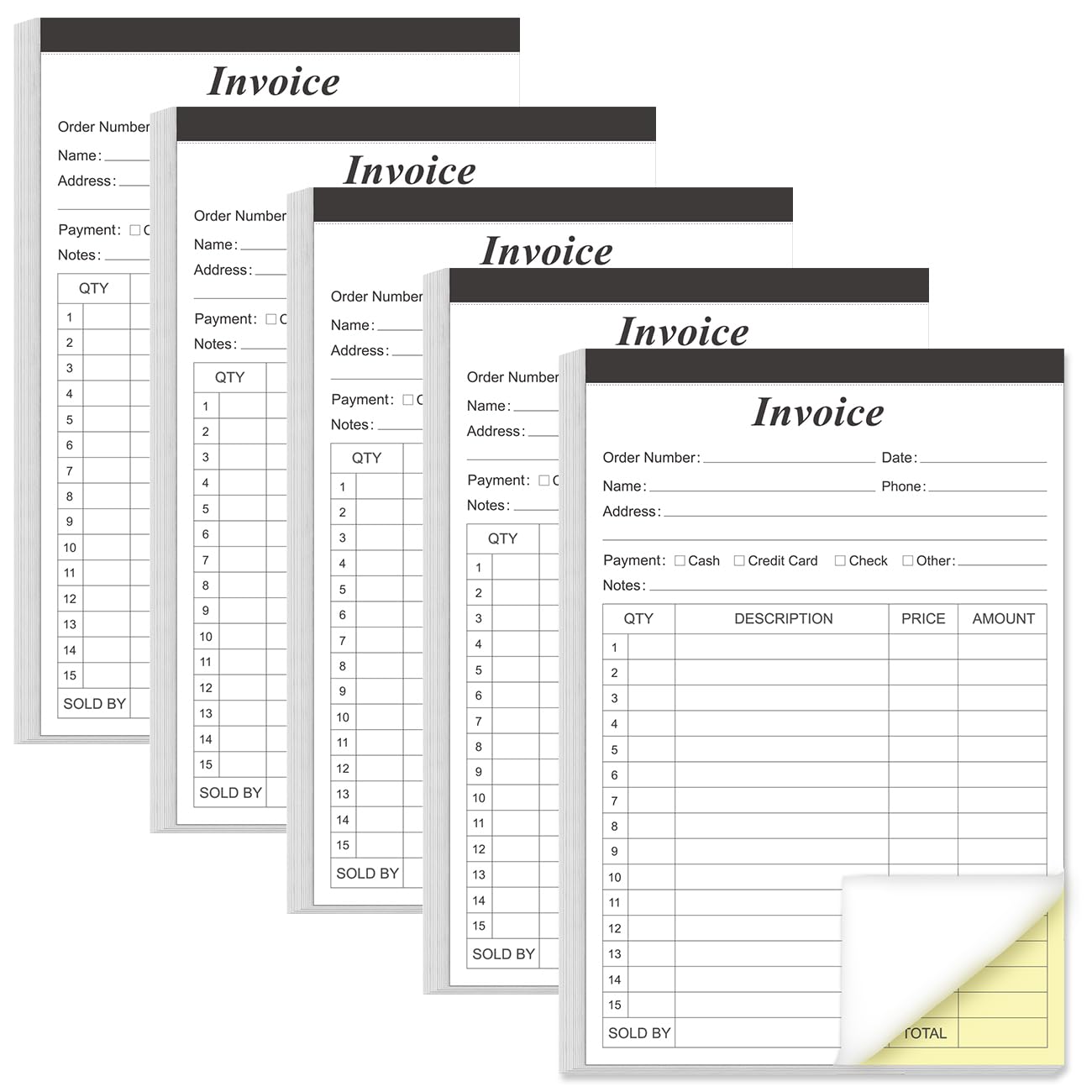(5-Pack) Invoice Receipt Book with Cardboard 2-Part Carbonless, 5.5" x 8.5" Order Forms, 250 Sheets Carbonless Sales Invoice Book for Small Business