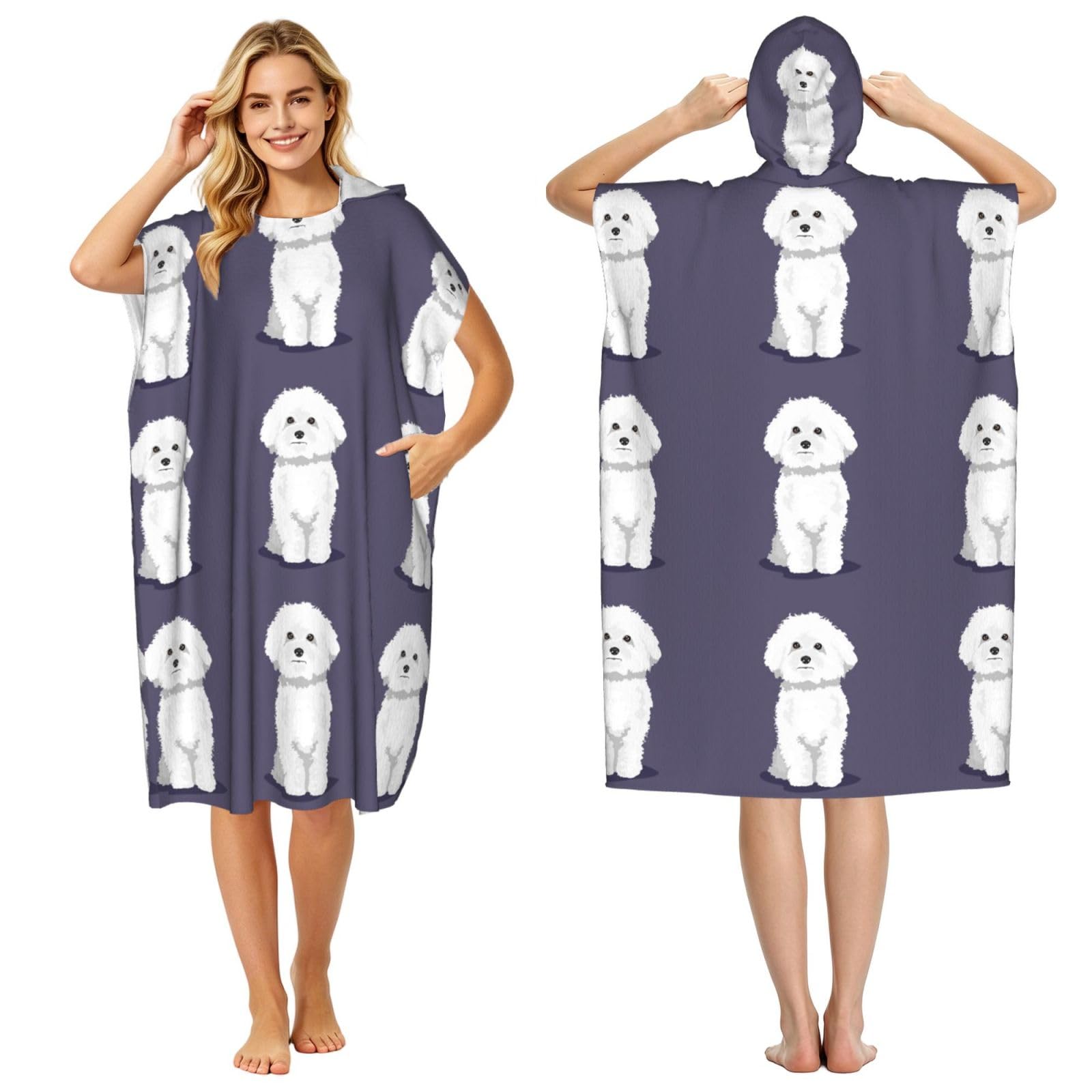 Poadnly White Bichon Frise Dog, Adult Hooded Beach Towel 90 x 110 cm,Changing Bath Robe, Surf Poncho Towel For Women Men