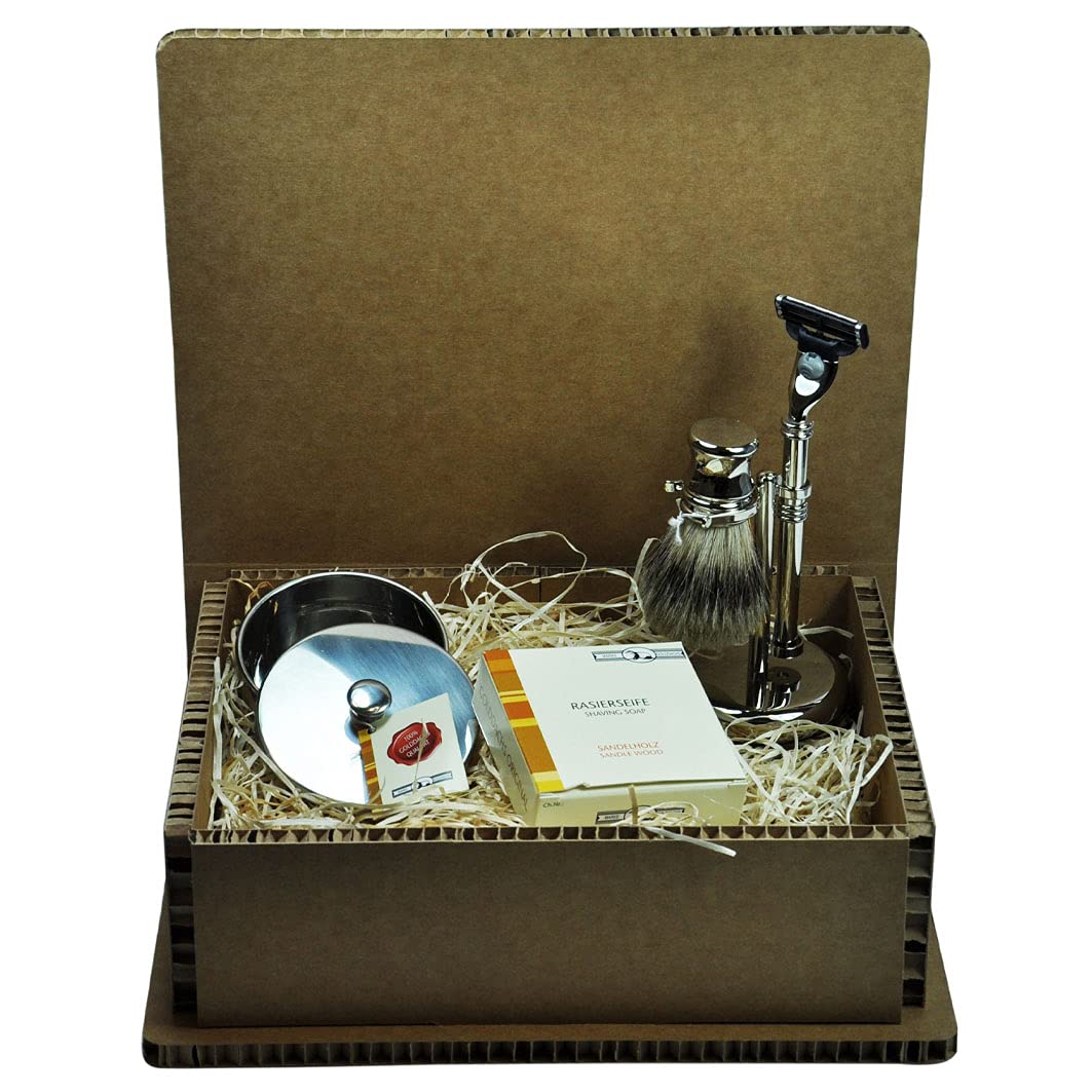 Golddachs Geschenkset 3-teilig Rasierset Seifenschale Rasierseife