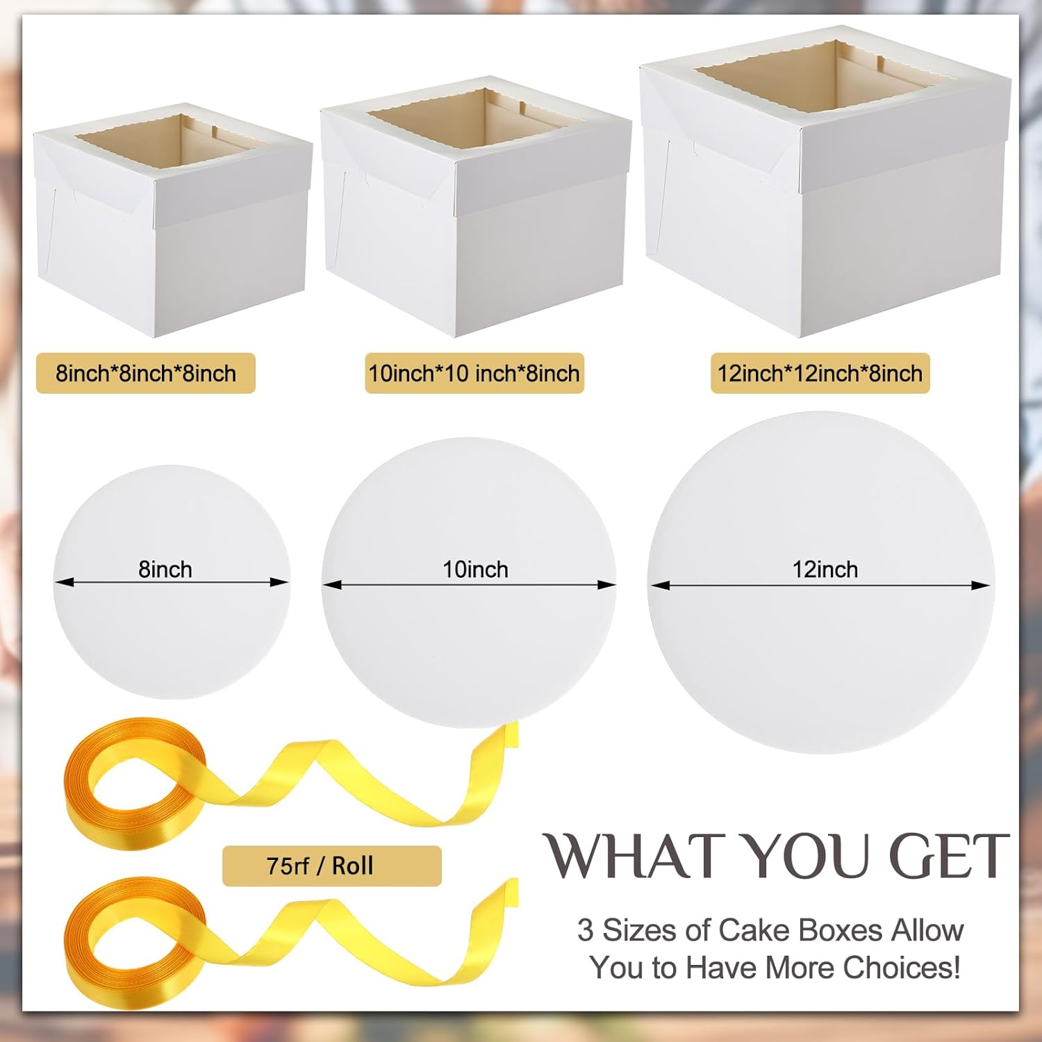 Teenyyou 48 Pcs Cake Boxes with Boards 24 Baking Boxes with Window 24 Cake Boards 2 Rolls Silk Ribbon Large Square Baking Storage in 3 Sizes 12x12x8, 10x10x8, 8x8x8 Inch Disposable Dessert Containers