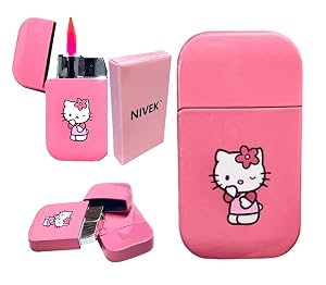 NIVEK Kitty Lighter Pink Flame KT Cat Dress Pink Top Torch Pocket Size Glitter Y2K Refillable Kawaii Windproof