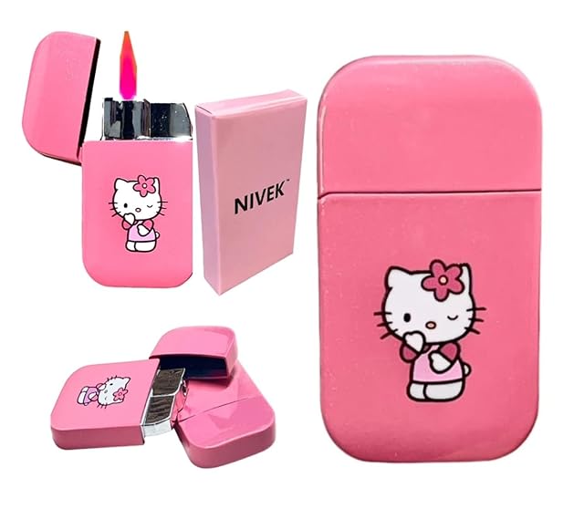NIVEK Kitty Lighter Pink Flame KT Cat Dress Pink Top Torch Pocket Size Glitter Y2K Refillable Kawaii Windproof