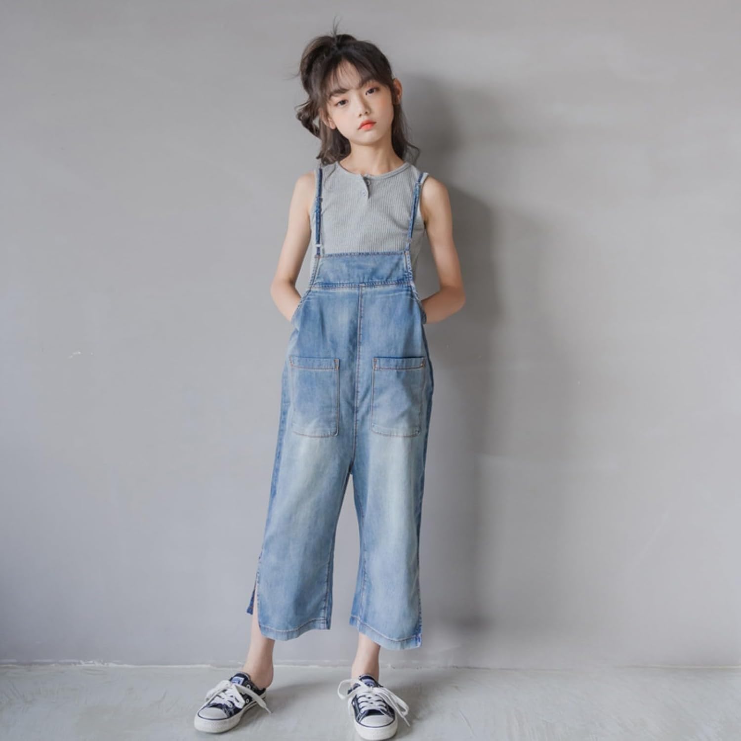 Girls Denim Overalls Split Hem Wide Leg Casual Jean Jumpsuit with Pockets Baggy Straight Spaghetti Strap Jeans Teen