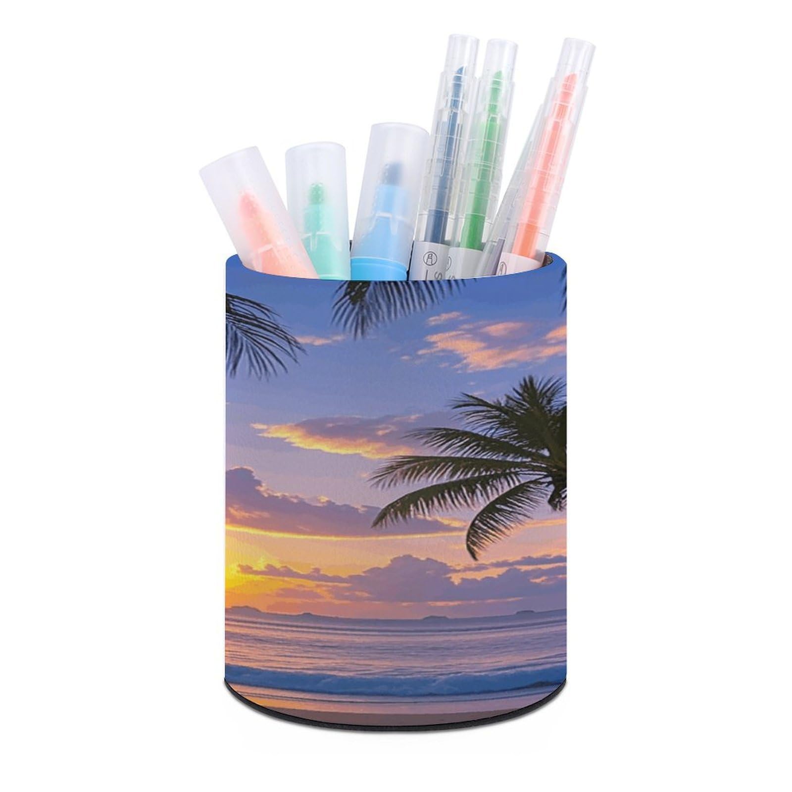 VstaDank Palm Tree Sunset Pen Holder for Desk Makeup Brush Holders Stylish Pen Cup Cute Pencil Cup Round Pencil Holder Decor Brush Scissor Holders for Multifunctional Office Supplies