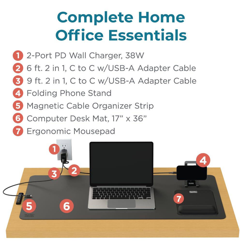 BLACK+DECKER Kit per ufficio e casa, set da 7 pezzi, tappetino da scrivania, caricatore PD a 2 porte, tappetino per mouse ergonomico, supporto per telefono, cavi combinati, organizer per cavi
