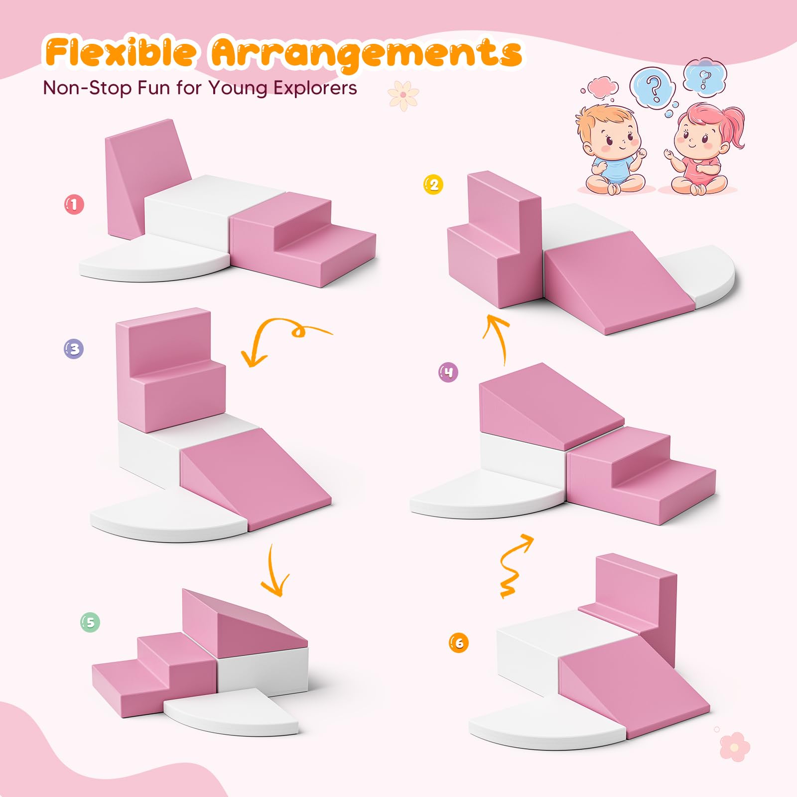 Lot de 4 blocs de construction en mousse pour enfants, grands blocs de construction souples pour grimper, ramper et jouer, escalader bébé à l'intérieur, antidérapants et stables (rose et blanc