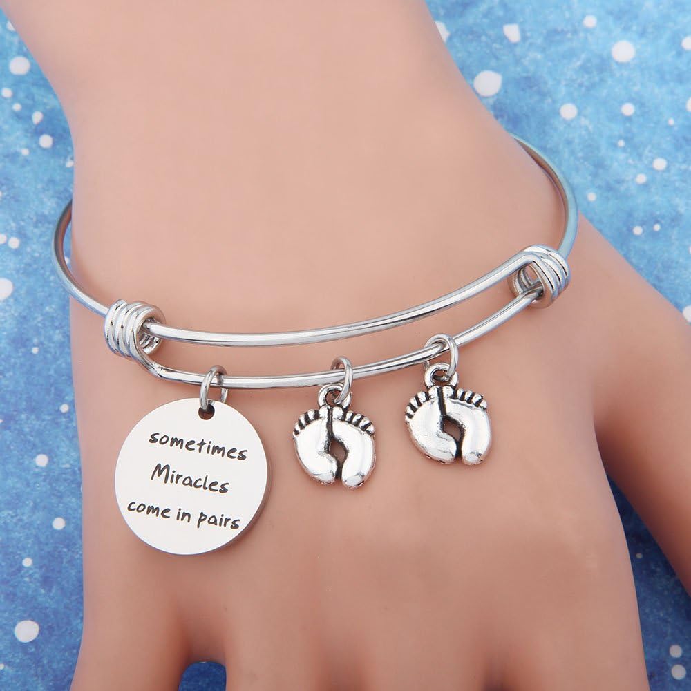 bobauna Mom Of Twins Gift Sometimes Miracles Come In Pairs Expandable Wire Bangle Bracelet Keychain Twins Jewelry