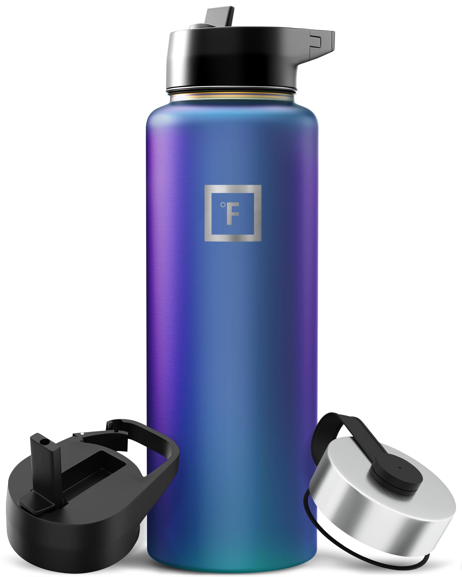 Camping & Hiking Hydration Flask with Straw, Wide Mouth Insulated Stainless Steel Sports Water Bottle - 40 oz Aurora