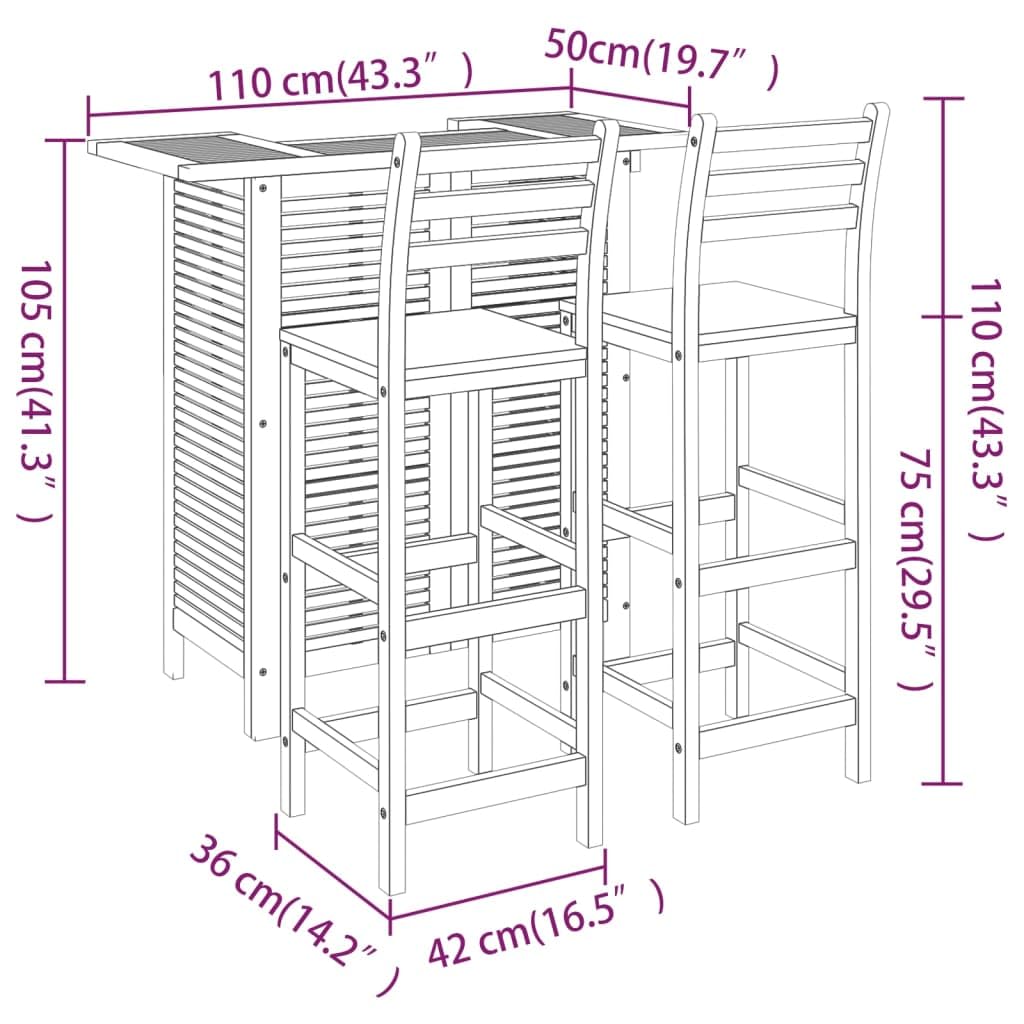 vidaXL Juego Muebles de Bar para Jardín 3 Piezas Mesa Silla Asiento Butaca Taburete Pub Bistró Comedor Patio Desayuno Madera Maciza de Acacia