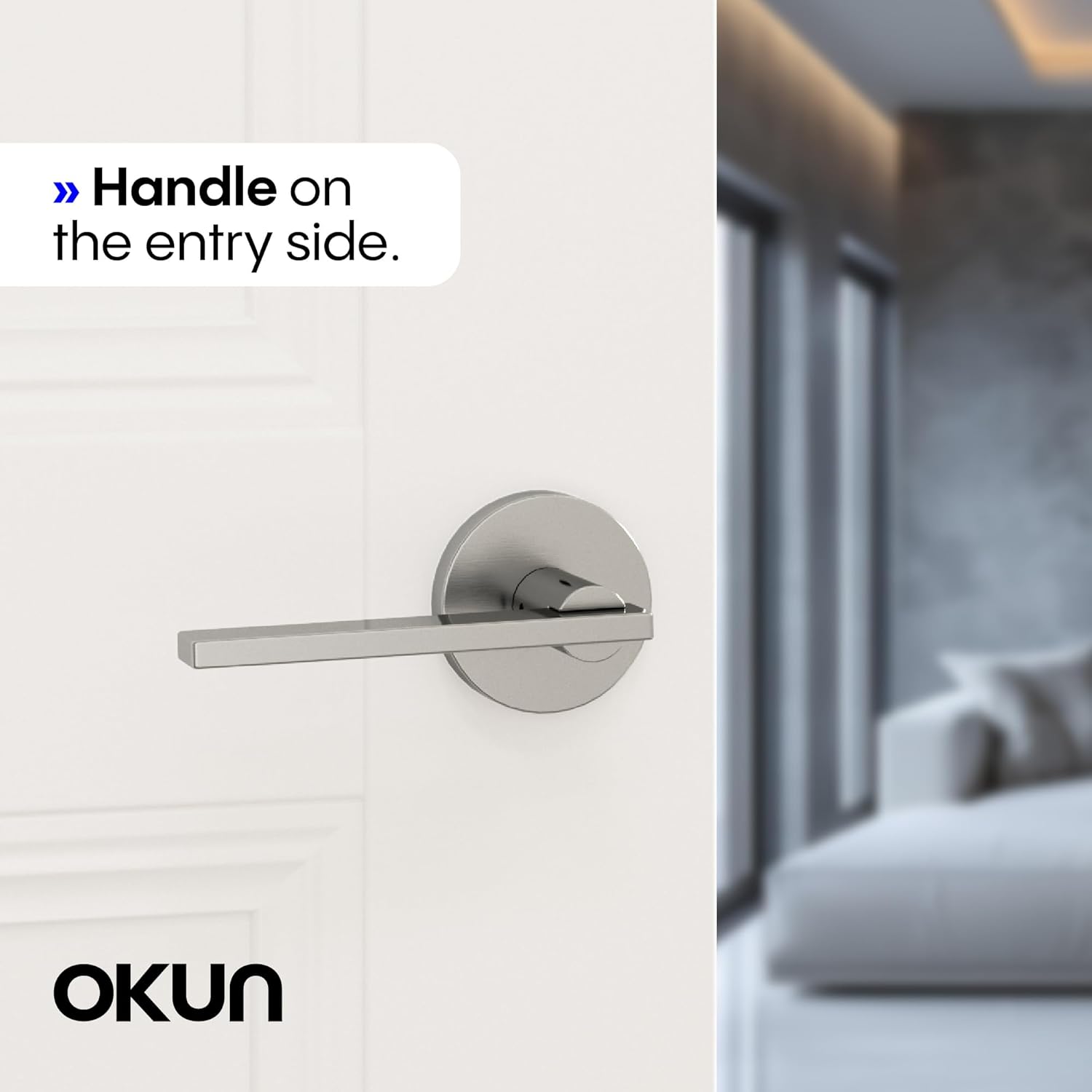 Okun Valli Passage Door Handle – 2 Pack, Reversible, Non-Locking, Interior, Sleek Concealed-Mount Design for Hallways & Closets – Brushed Nickel Finish