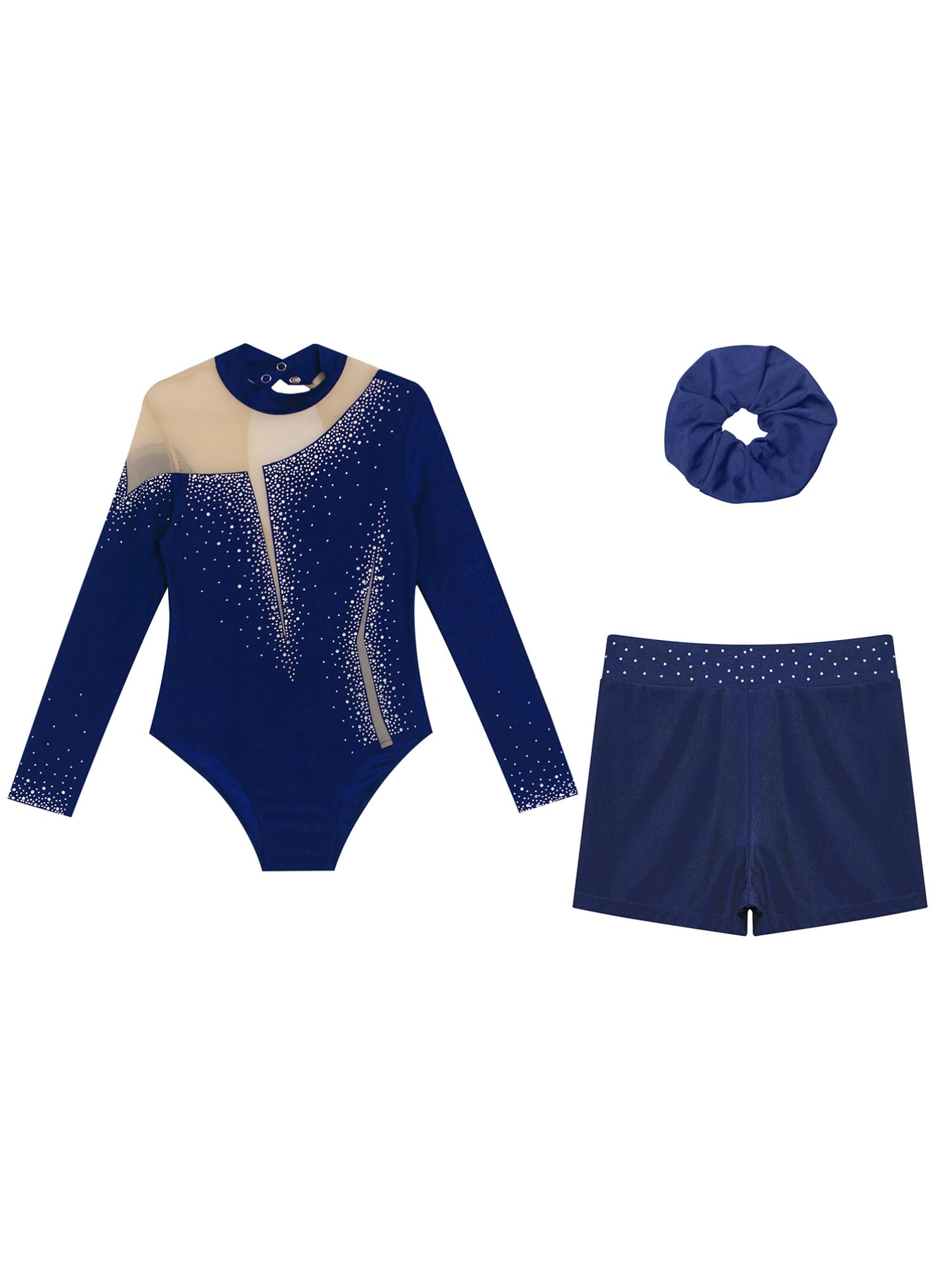 dPois 3 Pièces Enfant Fille Ensemble de Gymnastique Justaucorps Strass Short et Elastique Chouchou Spectacle 5-16 Ans