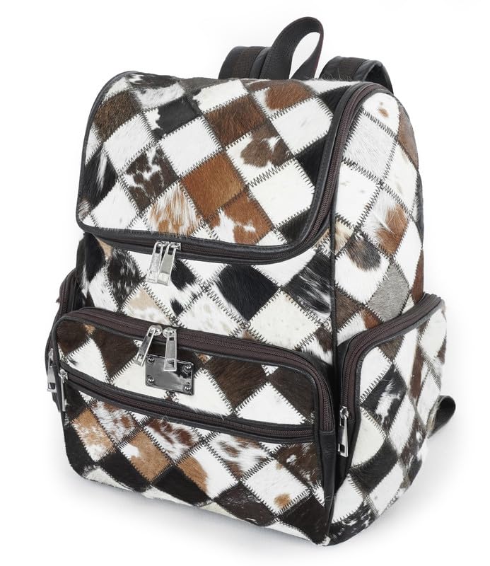 Western Dark Brown Patchwork Cowhide Leather Backpack - Everyday Travel Backpack - Genuine Leather Cow Print Diaper Bag