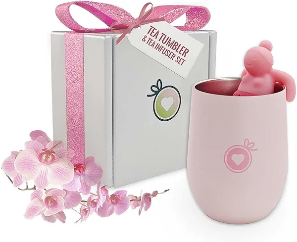 Tea Gift Set for Women - Pink Tea Tumbler with Infuser and Cute Silicone Tea Infuser Girl for Loose Leaf Tea, Ideal Gift for Tea Lovers, Set of 2
