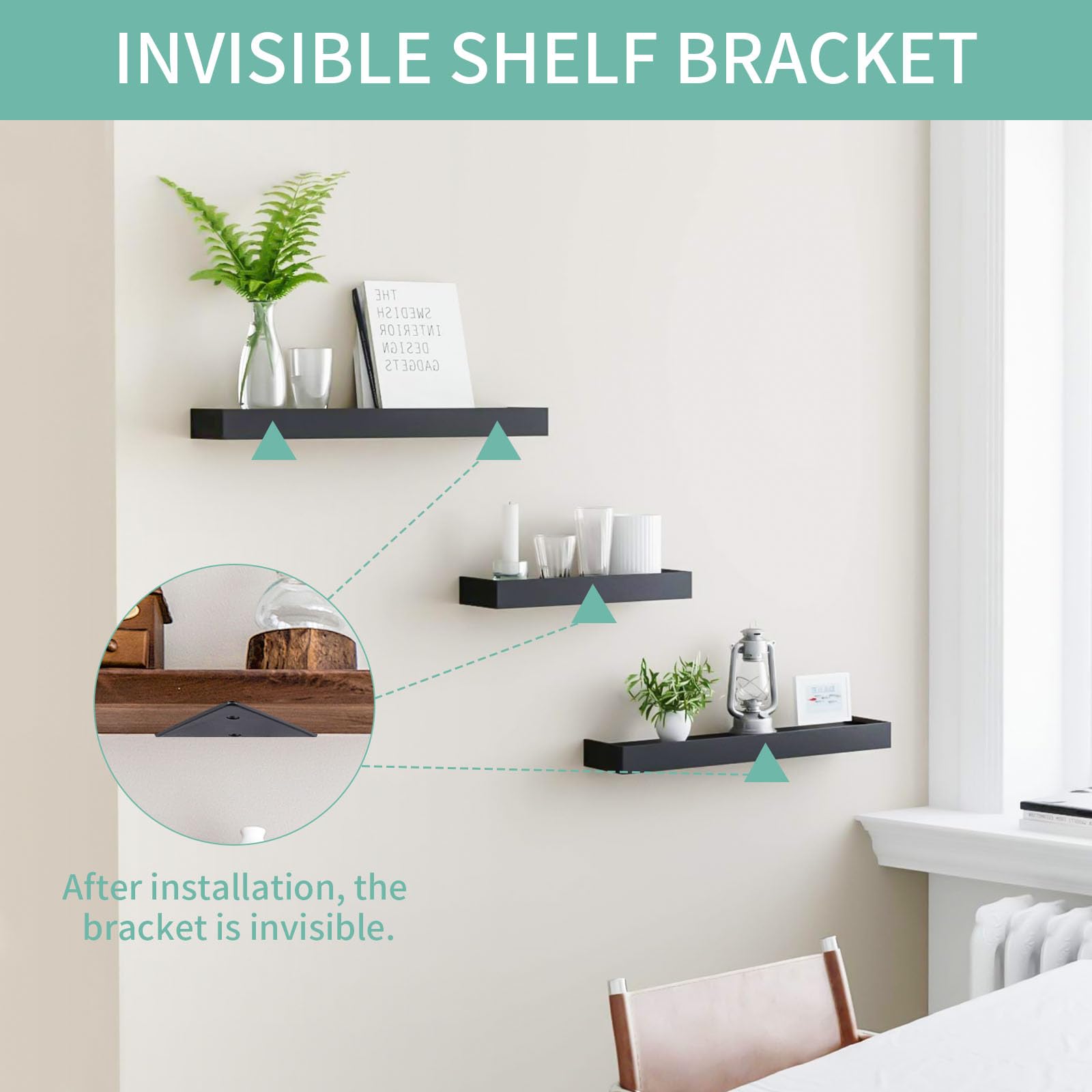 4 Pcs Shelf Brackets Heavy Duty Triangle Shelving Brackets Right Angle Wall Mounted Shelf Supporters, Black 6 Inch (4 - View #5