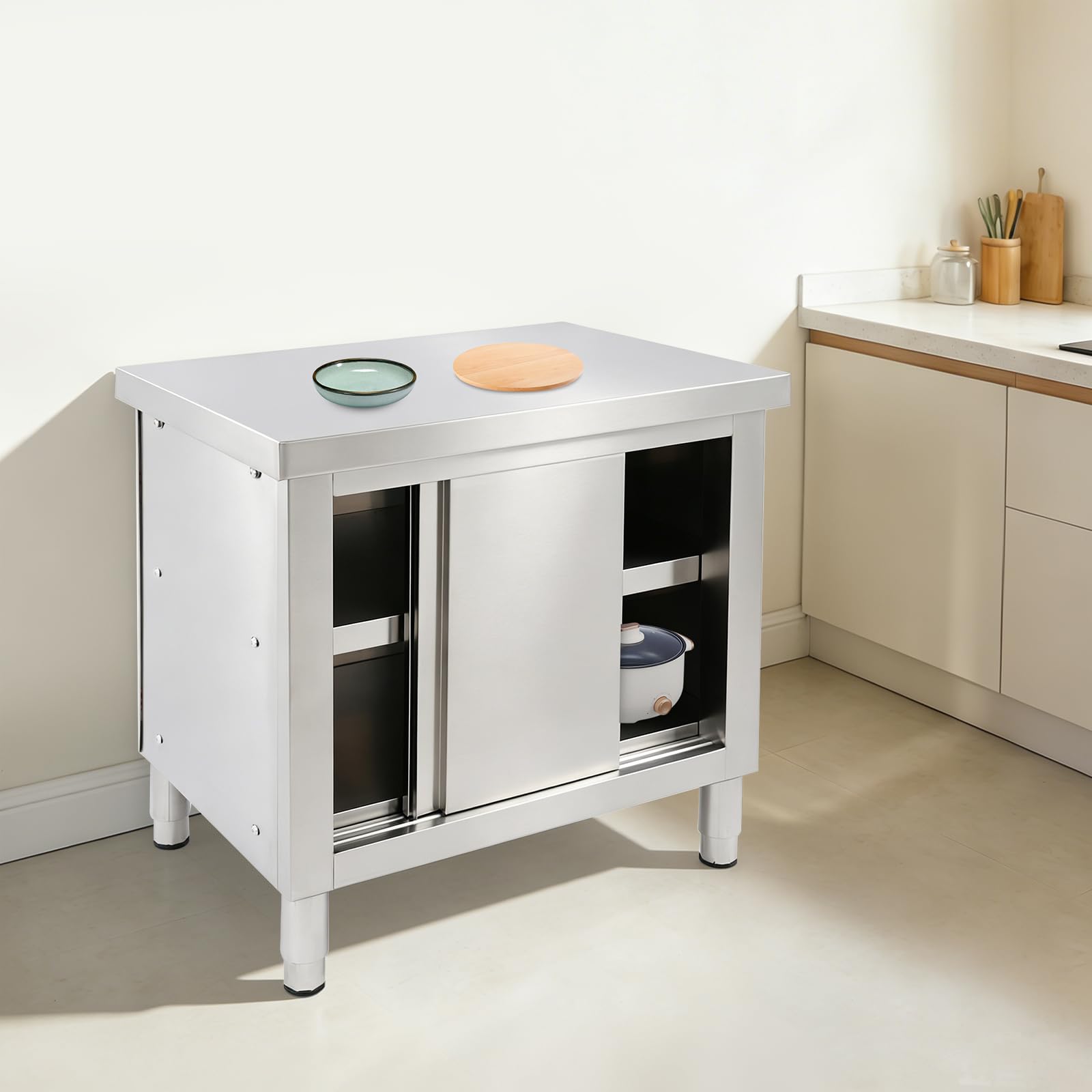Arbeitstisch aus Edelstahl mit Schrank, 80 cm, 75 kg Tragkraft
