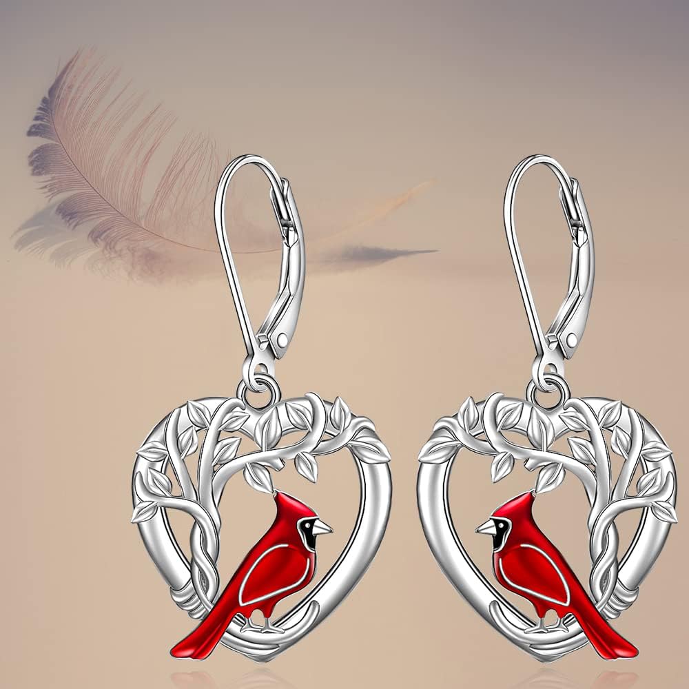 Cardinal Earrings S925 Sterling Silver Tree of Life Heart Red Cardinal Bird Earrings for Women Dangle Cardinal Jewelry Sympathy Gifts