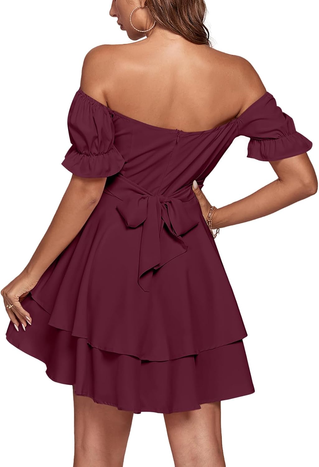 LYANER Women's Tie Back Off Shoulder Wrap Layer Ruffle Short Sleeve Mini Dress - Image 2