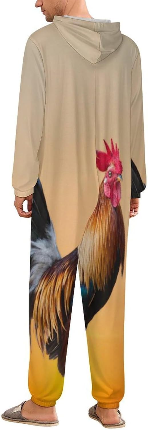 Rooster Sunrise Adult Pajamas Onesie with Hood Pocket Jumpsuits One Piece Sleepwear
