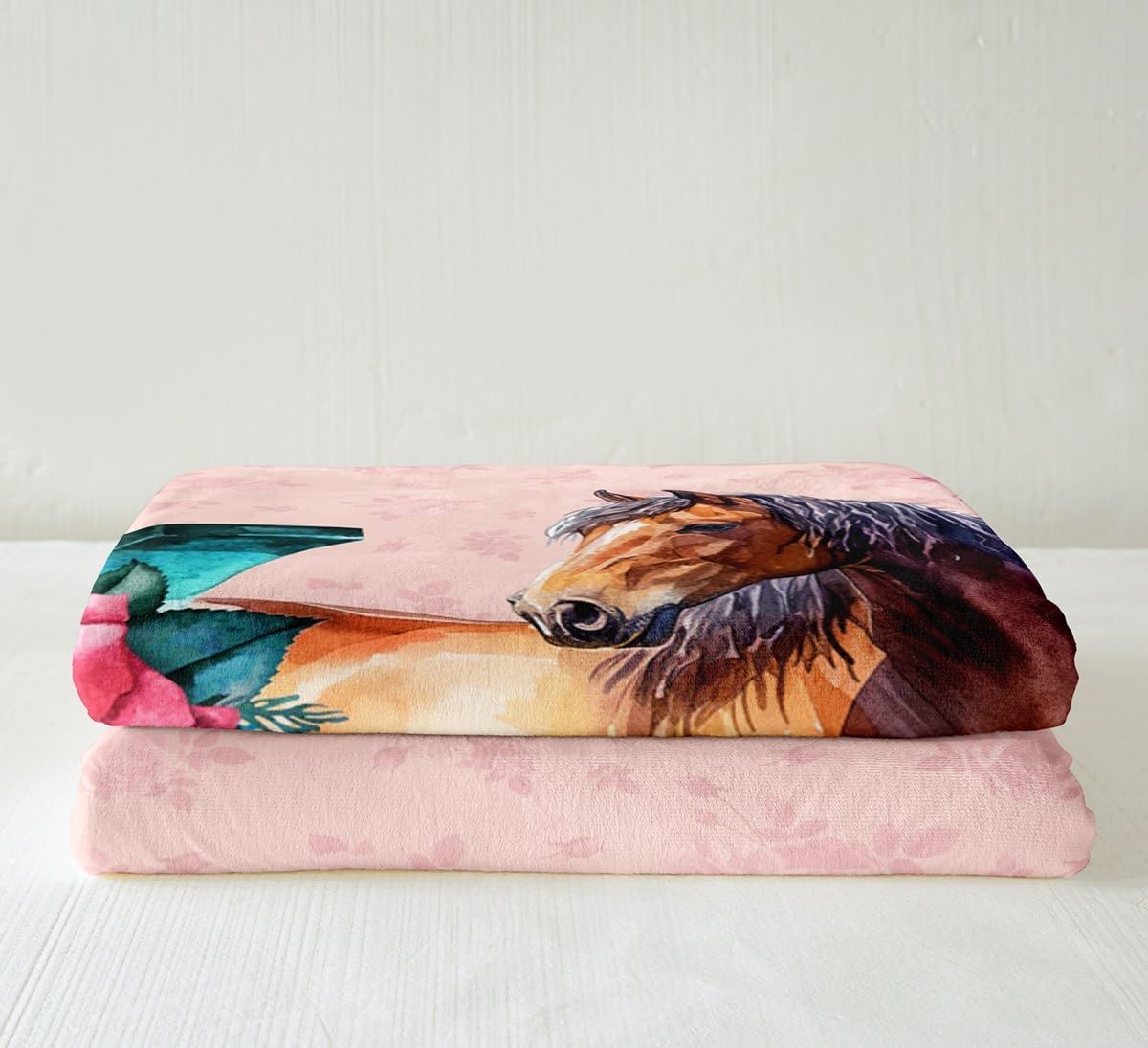 Feelyou Girls Horse Sherpa Throw Blanket for Horse Lover 40"x50" Farmhouse Horses Rose Plush Blanket Womenative Pink Floral Print Fleece Throw Blanket Fuzzy Blanket Western Horseshoe Flannel Blanket