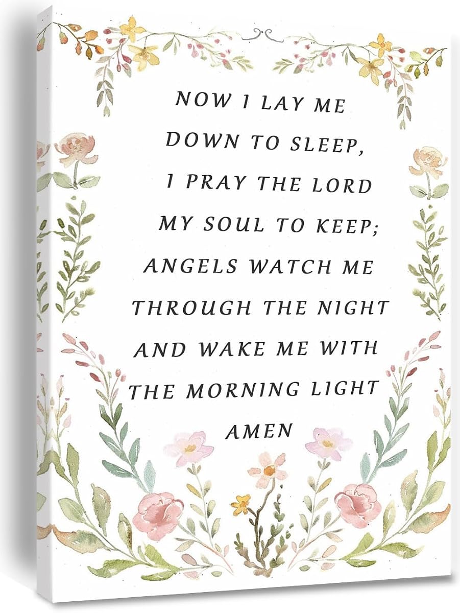 Nursery Bedtime Prayer Baby Room Now I Lay Me Down to Sleep Wildflower Canvas Wall Art Christian Child's Prayer Print Bible Verse Painting Home Decor Baptism Gifts for Girl Framed 8 * 12 inch