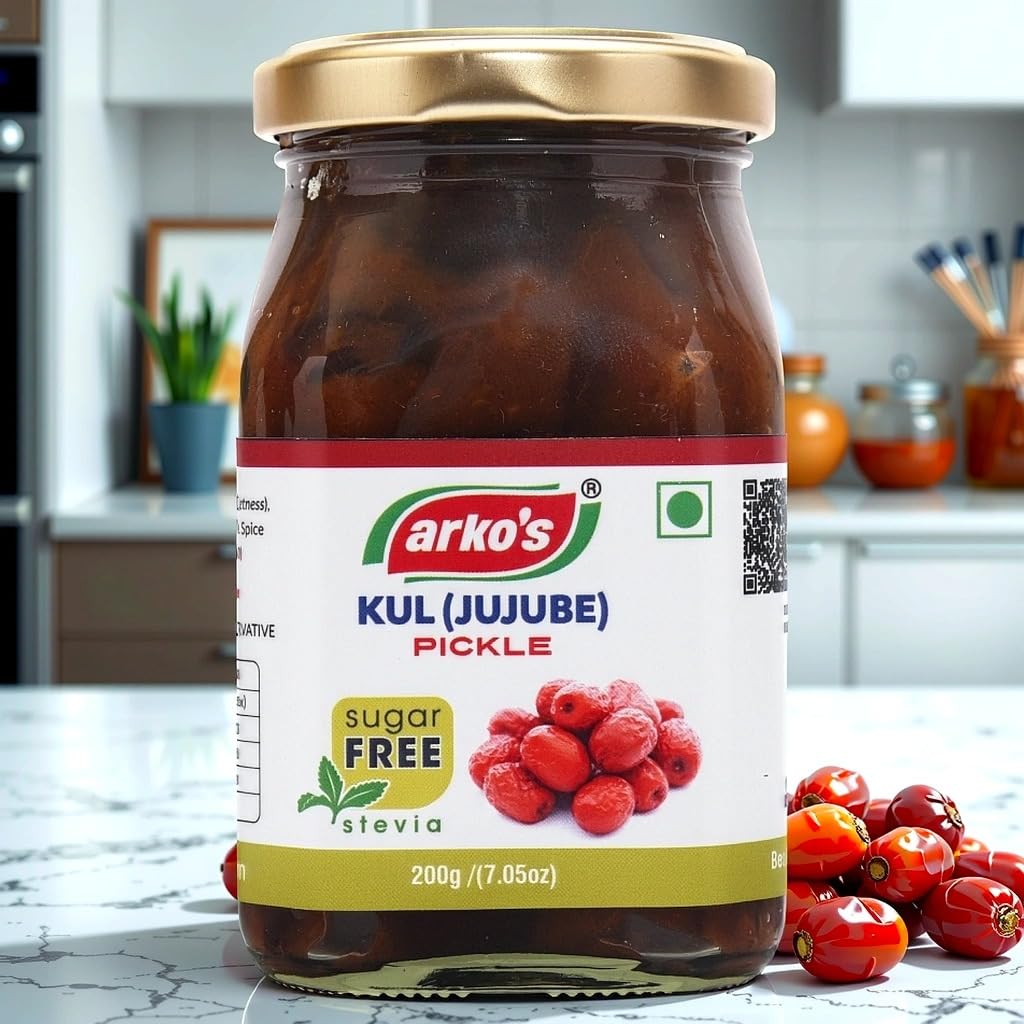Arkos Homemade Sugar Free Kul Pickle 200gm with 100% natural ingredients,Indian Traditional Bengali Hot,Tangy,Sour & Spicy Kuler achaar, Ber ka Achar, Jujube Pickle, Oil Free,Kul (Ber, Jujube, Regi Pandu) achar.Perfect for Rice, Roti,Paratha,Ready to use Use stevia instead of Sugar
