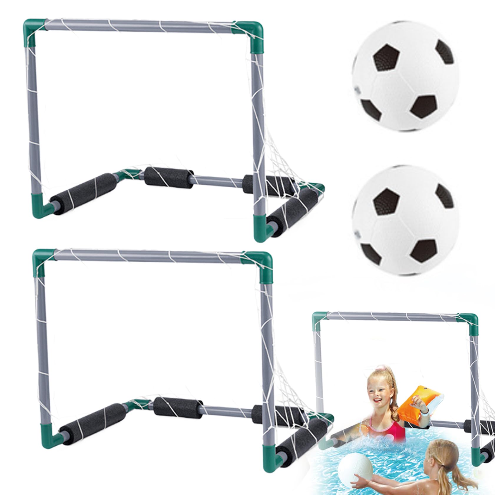 Giochi in piscina con 2 palline, 2 porte da calcio galleggianti per piscina, porta da calcio per bambini 18, 5x14, 4x14, 4", rete da in plastica per estiva.