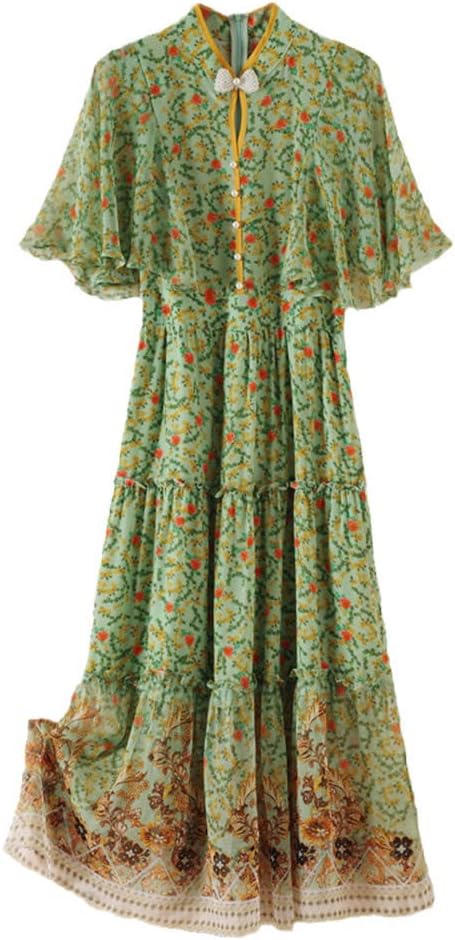 [Youllyuu] 100% 桑シルクドレス女性の夏の印刷ミディドレススタンドカラーフライングスリーブビーズローブ
